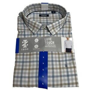Izod Mens Large Tan and Blue Plaid Luxe Touch Button Up Shirt Casual Work New
